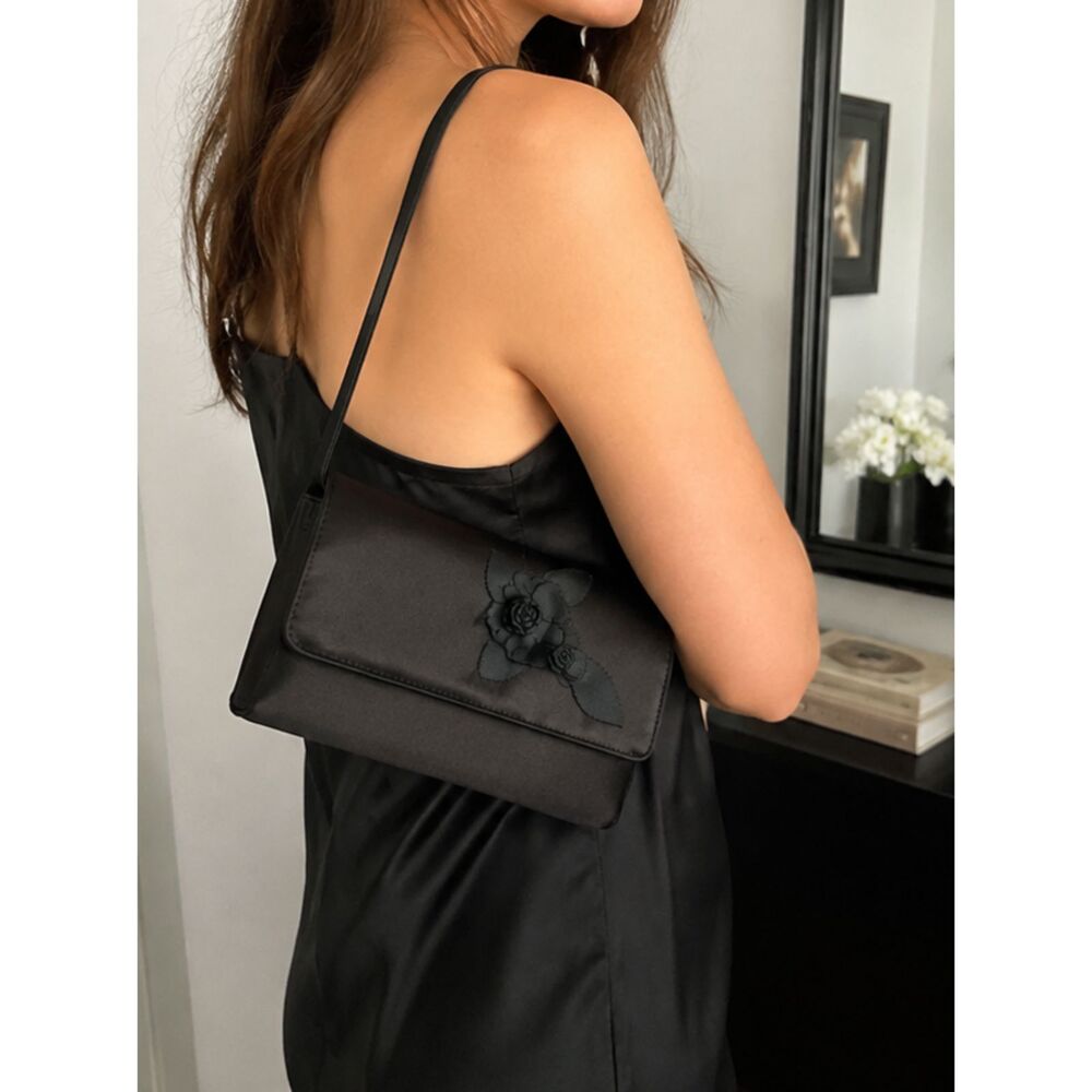 Fabulaire Black Shoulder Bag Purse Floral Applique Evening Clutch Tiny Strap Y2K